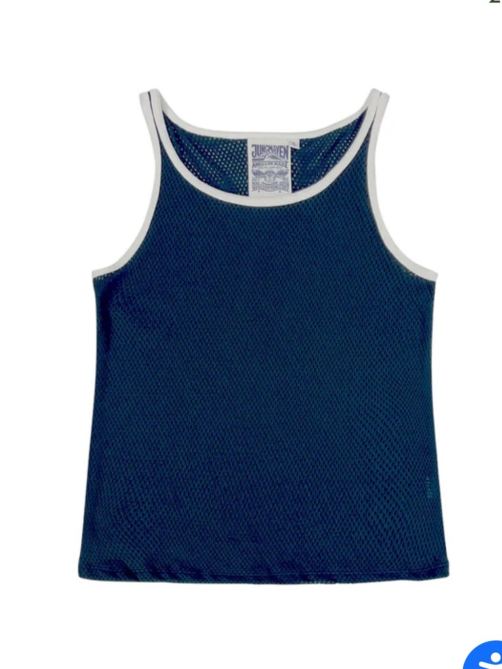Jungmaven Calobo Navy Blue Hemp Mesh Tank with White Trim NWT